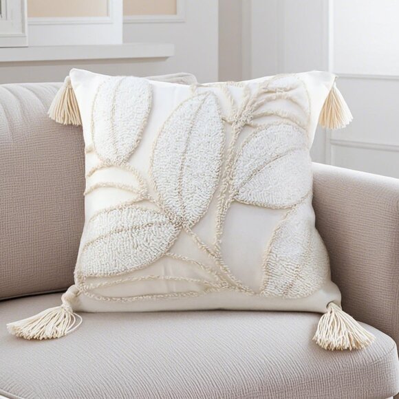 SOGA 45cm Wabi-sabi Cream Flower Cover & Beige Velvet Leaf Throw Pillow - Picture 1 of 8